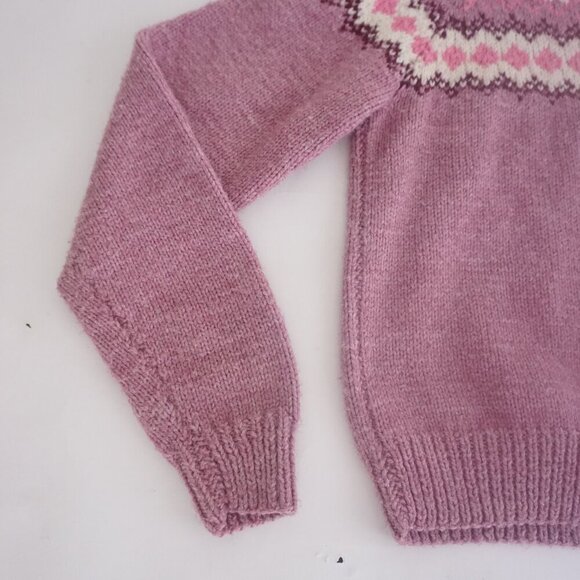 Hand Knit Pink Purple Winter Fisherman Fair Isle Turtleneck Wool Sweater S - Picture 8 of 11